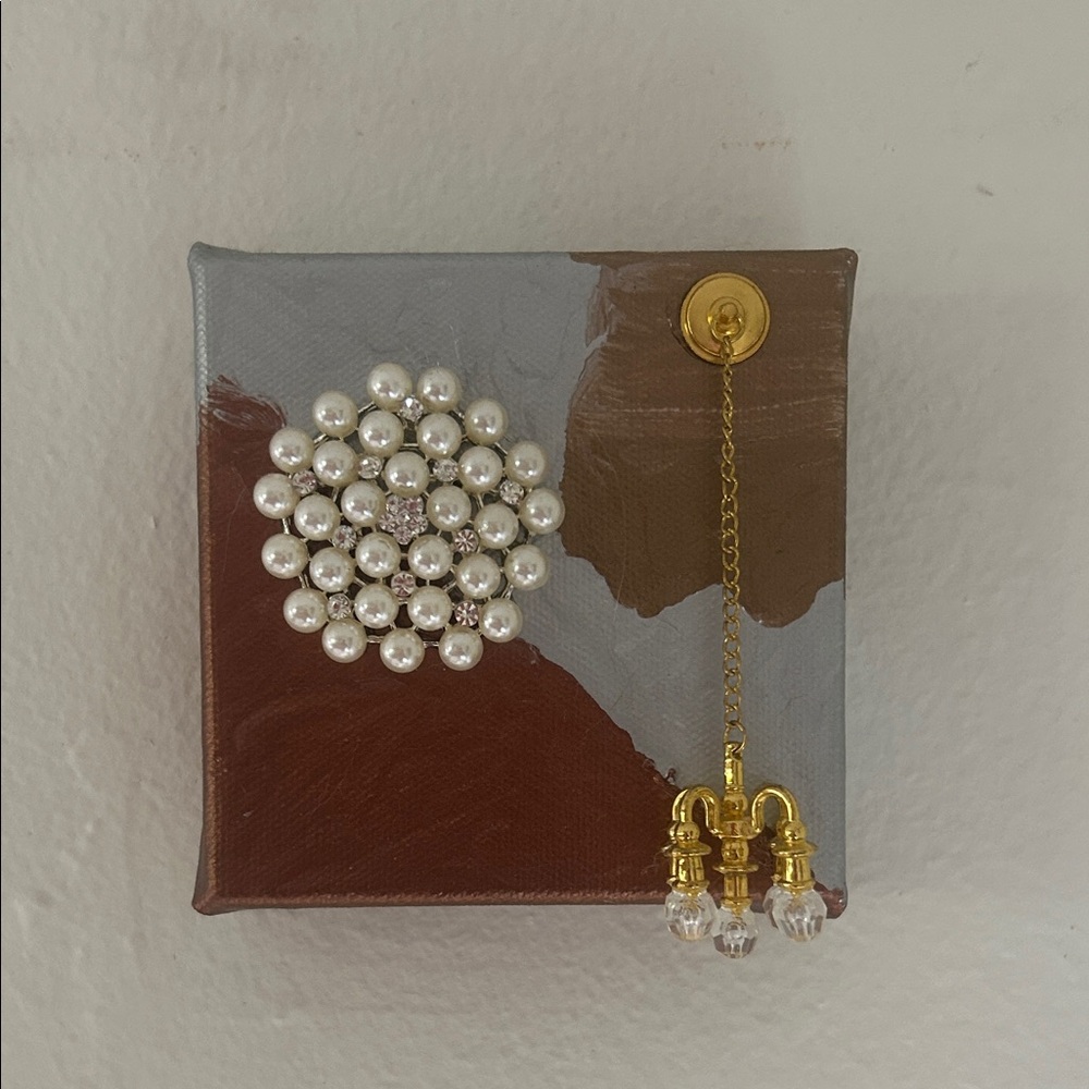 Mixed Media Canvas Wall Art Pearls & Miniature Chandelier